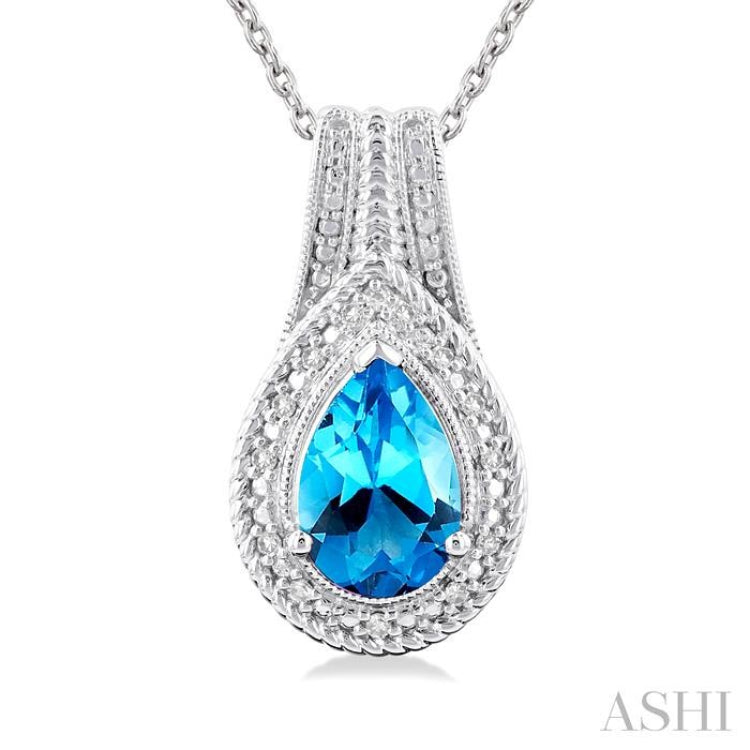 1/20 ctw Pear Cut 9X6 MM Blue Topaz and Round Cut Diamond Waterfall Loop Semi Precious Pendant With Chain in Sterling Silver