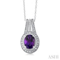 1/20 ctw Bar Loop Oval Cut 8X6 MM Amethyst and Round Cut Diamond Semi Precious Pendant With Chain in Sterling Silver