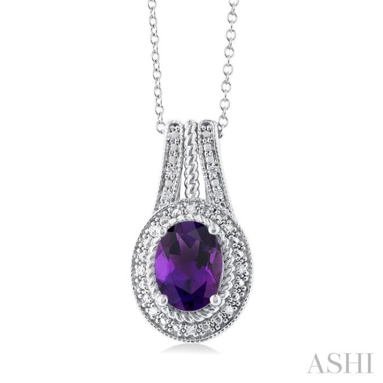 1/20 ctw Bar Loop Oval Cut 8X6 MM Amethyst and Round Cut Diamond Semi Precious Pendant With Chain in Sterling Silver