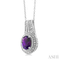 1/20 ctw Bar Loop Oval Cut 8X6 MM Amethyst and Round Cut Diamond Semi Precious Pendant With Chain in Sterling Silver