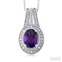 1/20 ctw Bar Loop Oval Cut 8X6 MM Amethyst and Round Cut Diamond Semi Precious Pendant With Chain in Sterling Silver