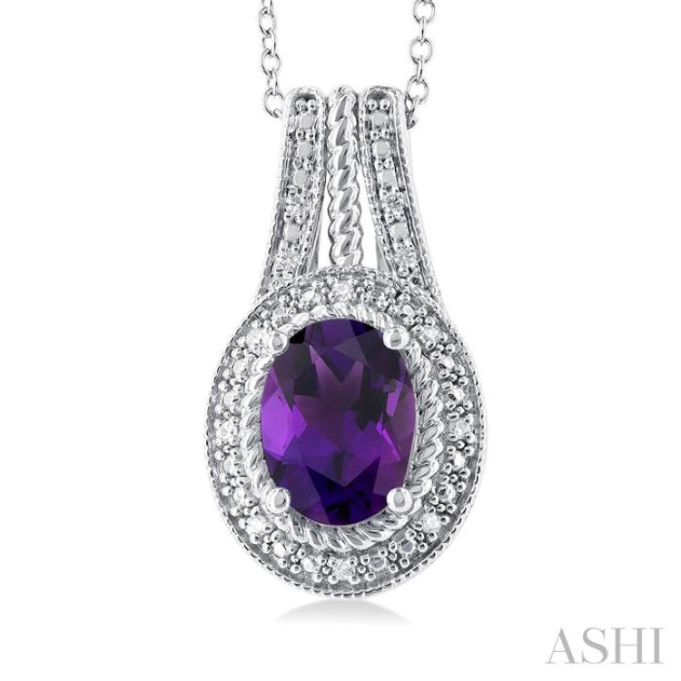 1/20 ctw Bar Loop Oval Cut 8X6 MM Amethyst and Round Cut Diamond Semi Precious Pendant With Chain in Sterling Silver