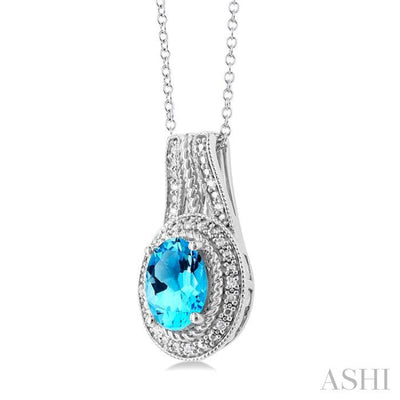 1/20 ctw Bar Loop Oval Cut 8X6 MM Blue Topaz and Round Cut Diamond Semi Precious Pendant With Chain in Sterling Silver