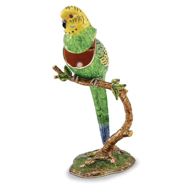 Luxury Giftware Pewter Bejeweled Crystals Gold-tone Enameled PACO Large Parakeet Parrot Trinket Box with Matching 18 Inch Necklace