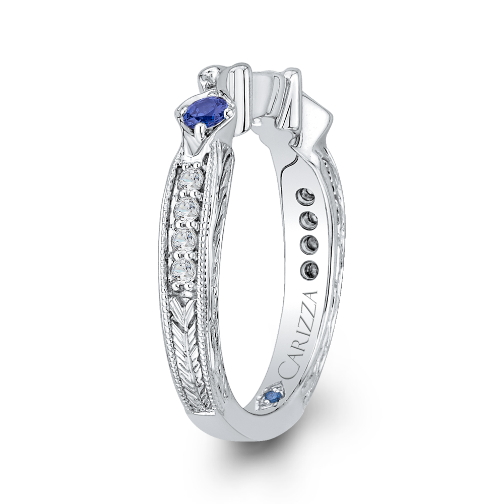 Round Diamond Wedding Band with Sapphire in 14K White Gold