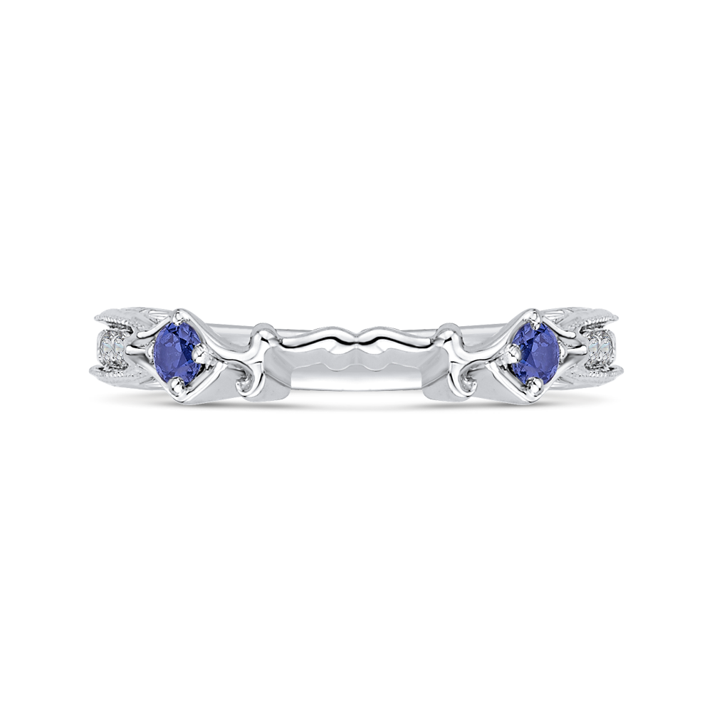 Round Diamond Wedding Band with Sapphire in 14K White Gold