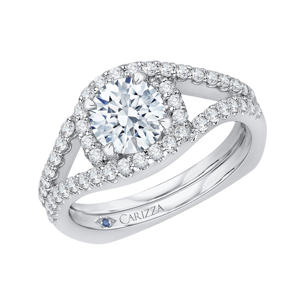 Split Shank Round Diamond Halo Engagement Ring in 14K White Gold (Semi-Mount)