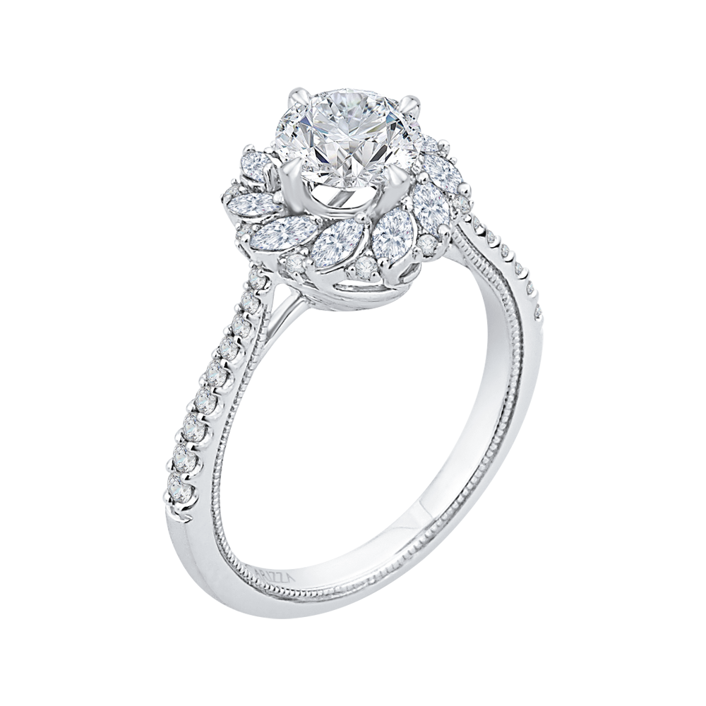 Round Diamond Floral Engagement Ring in 14K White Gold (Semi-Mount)