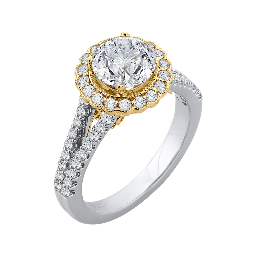 Split Shank Round Diamond Halo Engagement Ring in 14K Two Tone Gold (Semi-Mount)