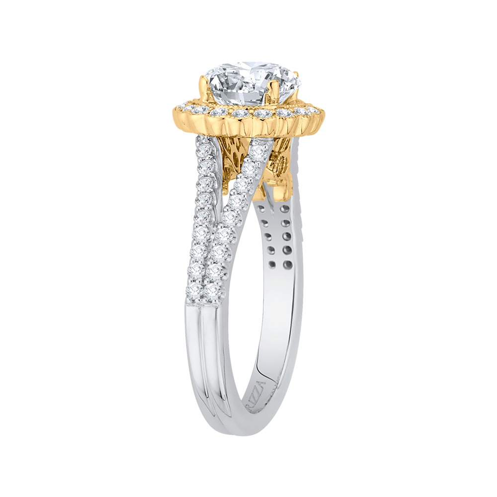 Split Shank Round Diamond Halo Engagement Ring in 14K Two Tone Gold (Semi-Mount)