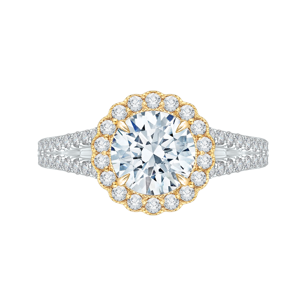 Split Shank Round Diamond Halo Engagement Ring in 14K Two Tone Gold (Semi-Mount)