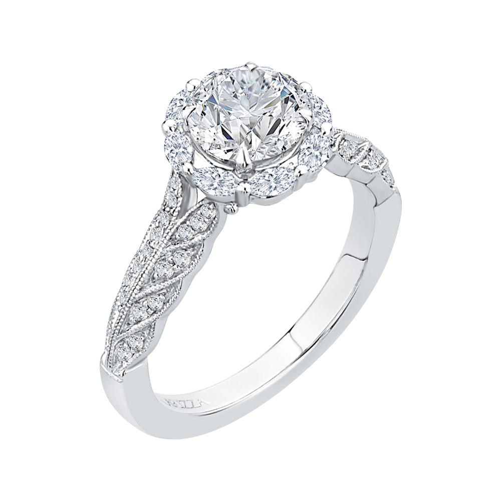 Round Diamond Floral Halo Engagement Ring in 14K White Gold (Semi-Mount)