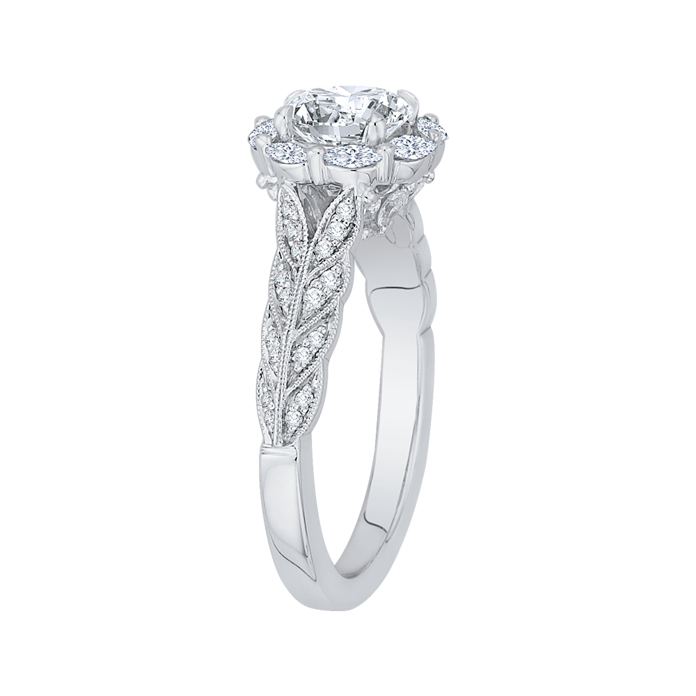 Round Diamond Floral Halo Engagement Ring in 14K White Gold (Semi-Mount)