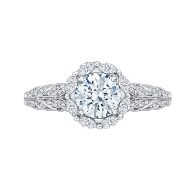 Round Diamond Floral Halo Engagement Ring in 14K White Gold (Semi-Mount)