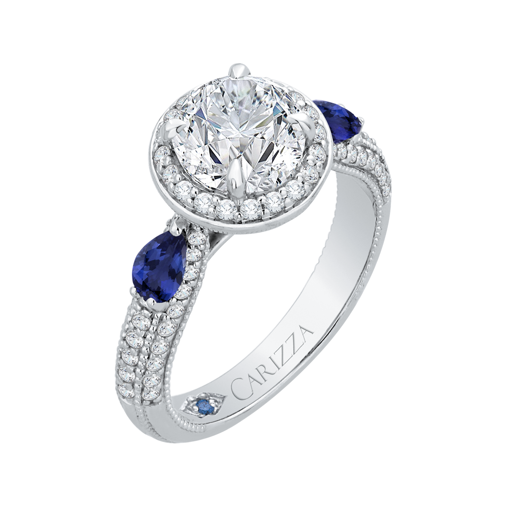 Round Diamond Halo Engagement Ring with Sapphire in 14K White Gold (Semi-Mount)