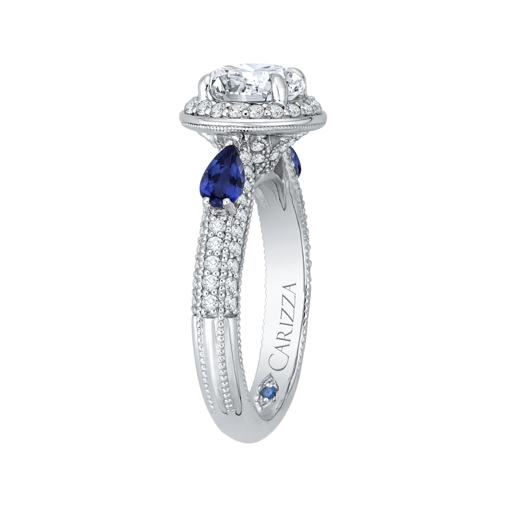 Round Diamond Halo Engagement Ring with Sapphire in 14K White Gold (Semi-Mount)