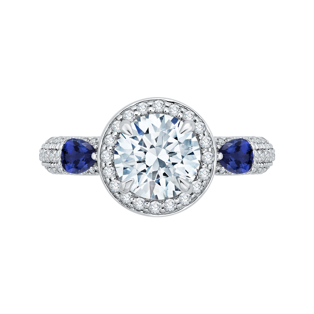 Round Diamond Halo Engagement Ring with Sapphire in 14K White Gold (Semi-Mount)