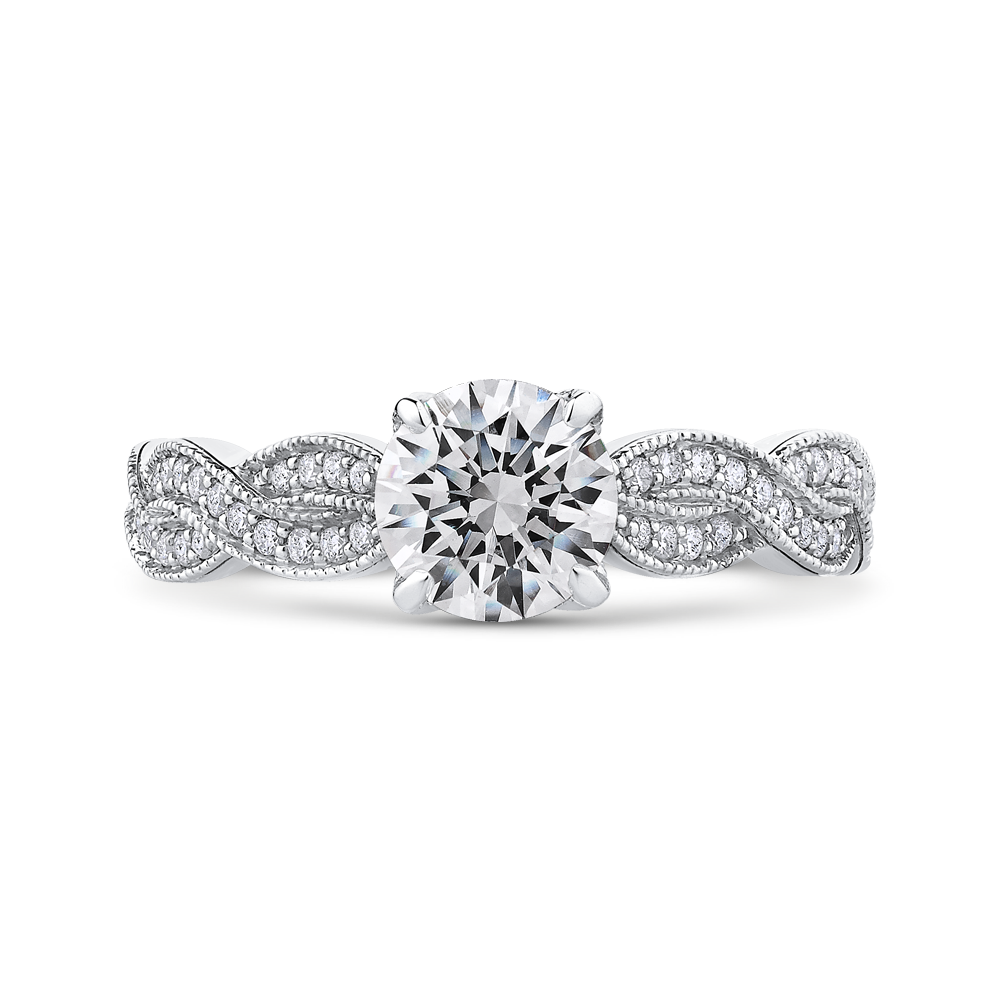 Round Diamond Floral Engagement Ring with Criss-Cross Shank in 14K White Gold (Semi-Mount)