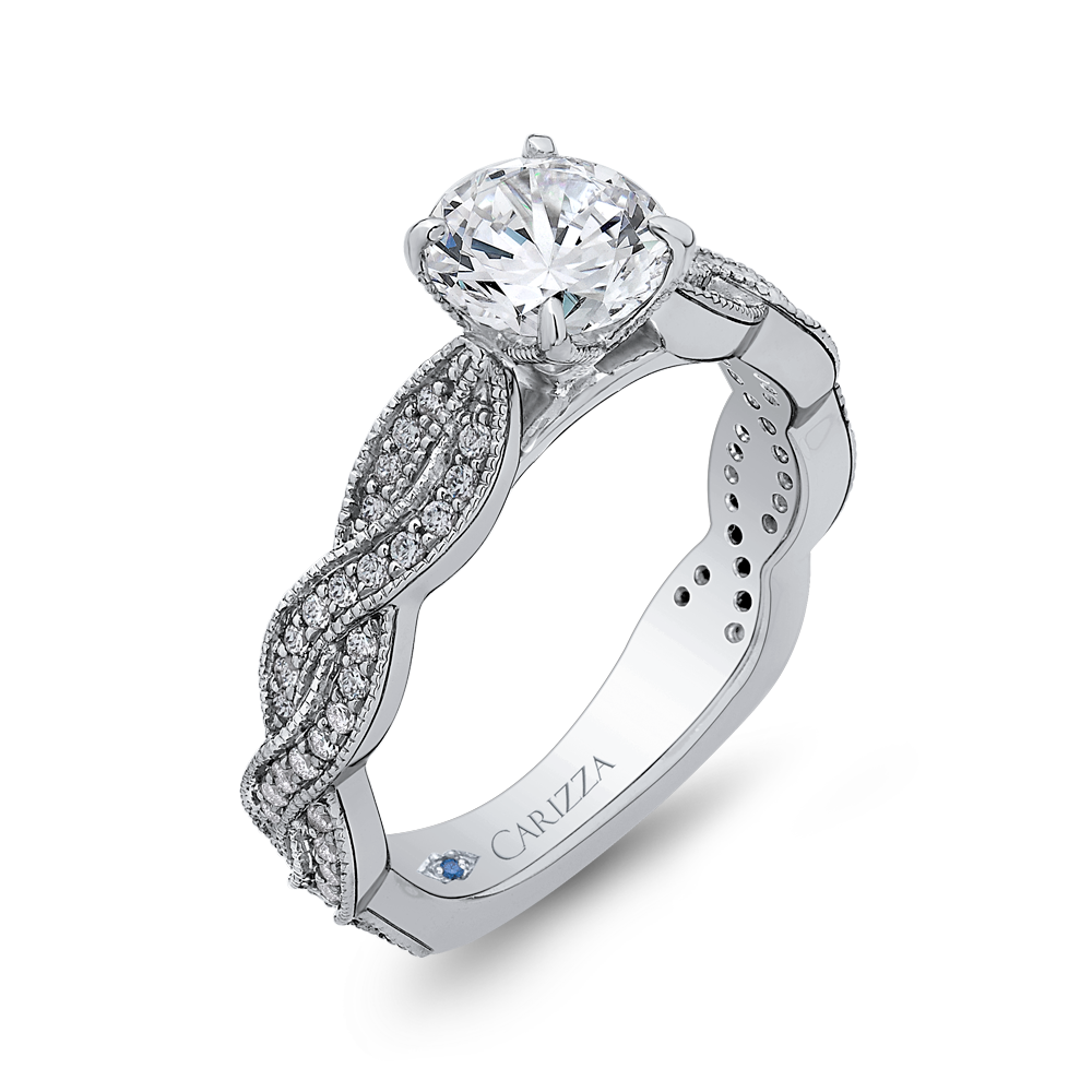 Round Diamond Floral Engagement Ring with Criss-Cross Shank in 14K White Gold (Semi-Mount)