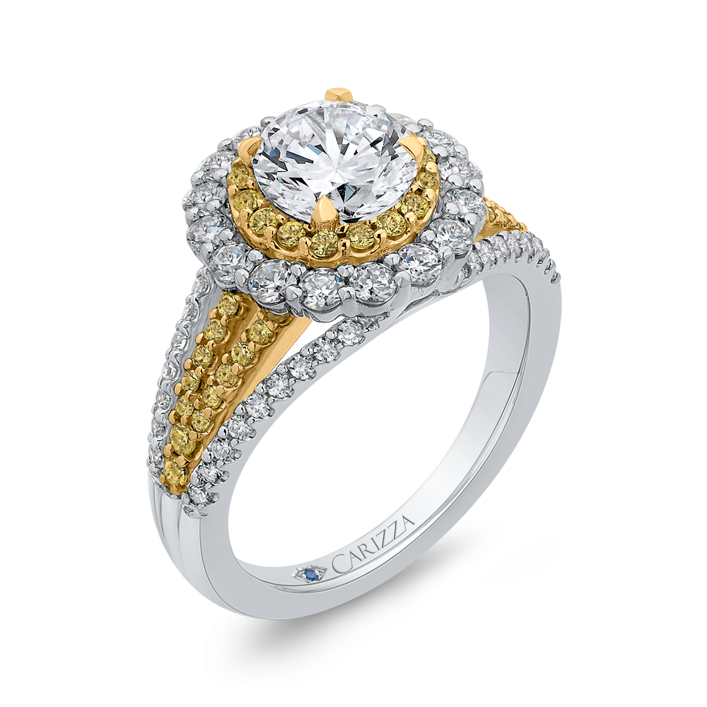 Split Shank Round Diamond Double Halo Engagement Ring in 14K Two Tone Gold (Semi-Mount)