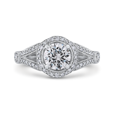 Split Shank Round Diamond Floral Halo Engagement Ring in 14K White Gold (Semi-Mount)