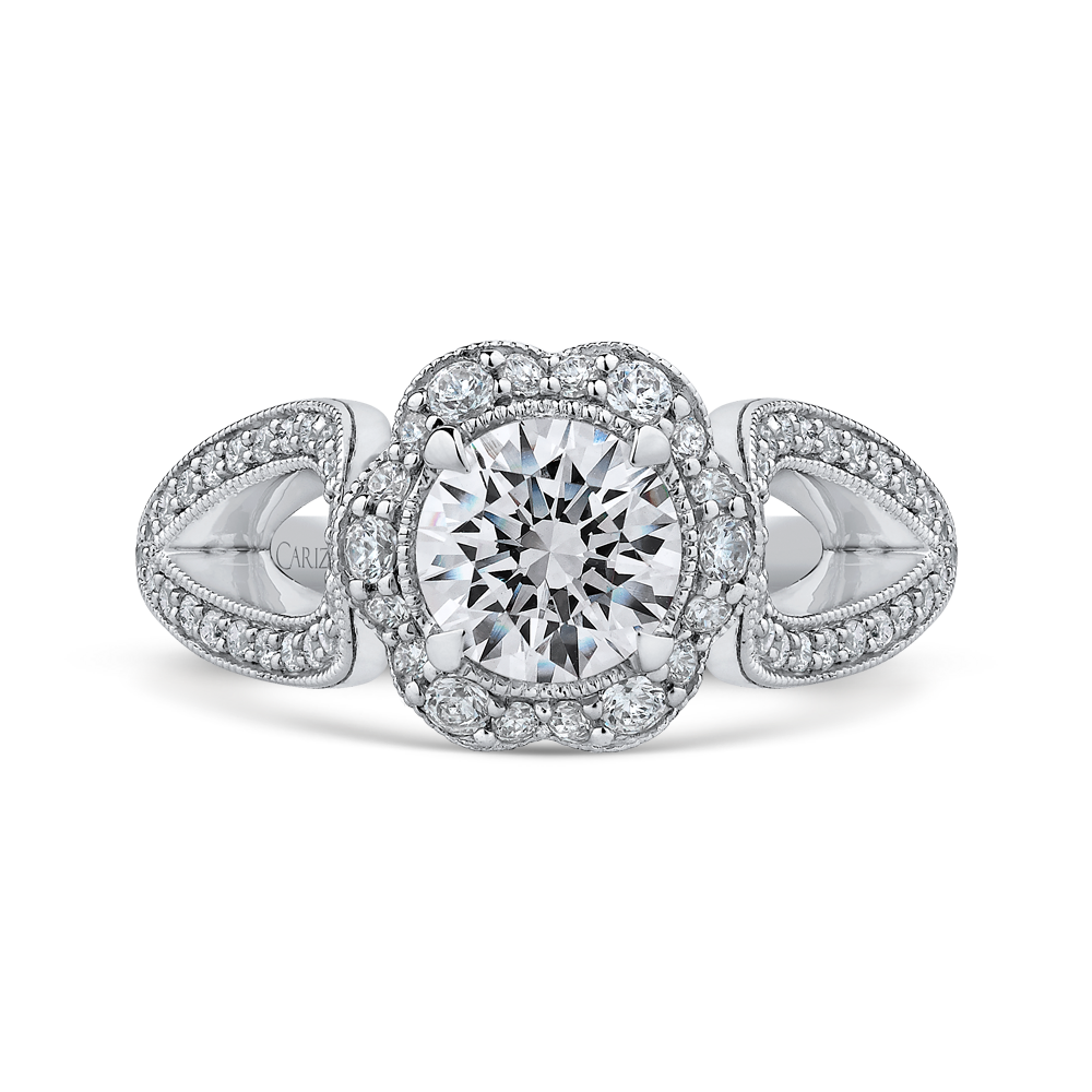 Split Shank Round Diamond Floral Halo Engagement Ring in 14K White Gold (Semi-Mount)