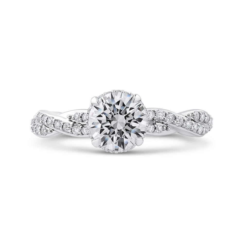 Round Diamond Floral Engagement Ring with Criss-Cross Shank in 14K White Gold (Semi-Mount)