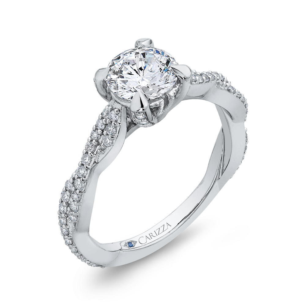 Round Diamond Floral Engagement Ring with Criss-Cross Shank in 14K White Gold (Semi-Mount)