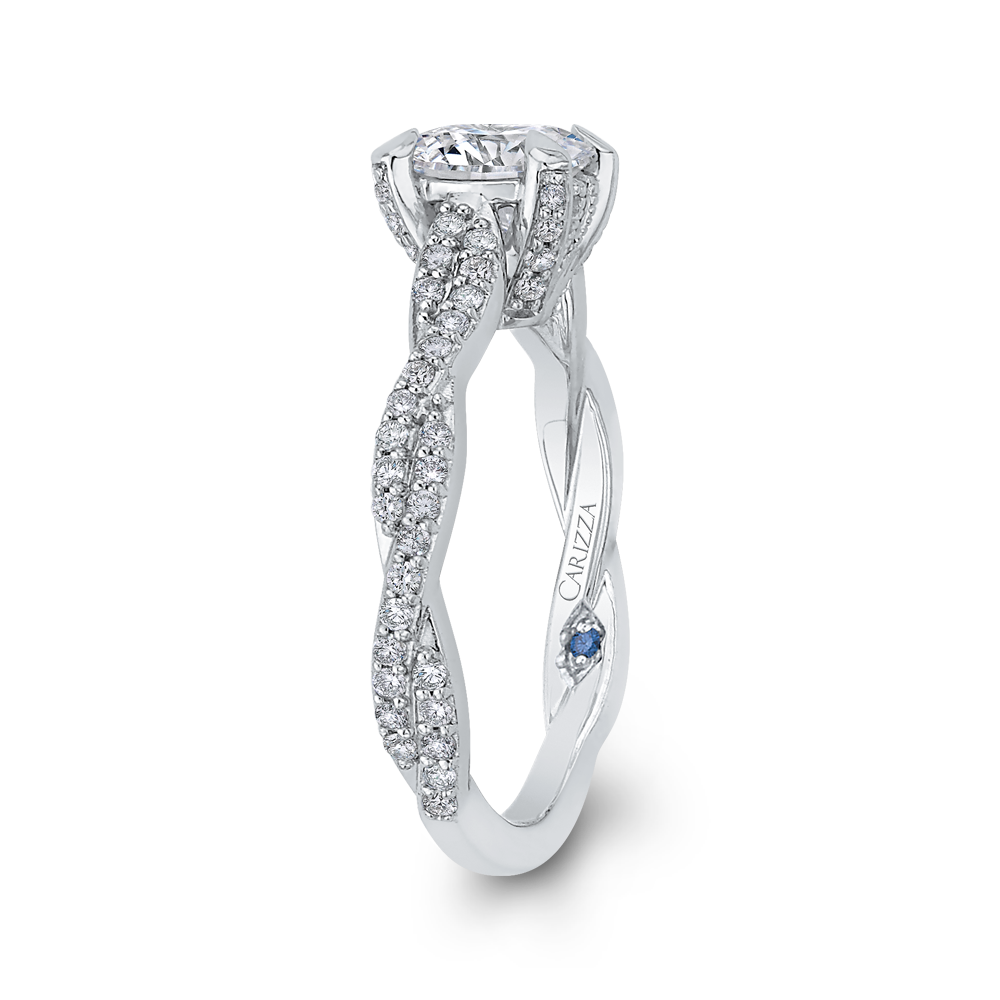 Round Diamond Floral Engagement Ring with Criss-Cross Shank in 14K White Gold (Semi-Mount)