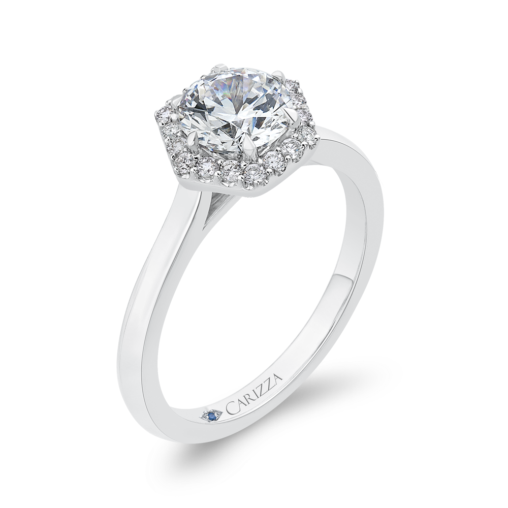 Round Diamond Hexagon Shape Halo Engagement Ring in 14K White Gold (Semi-Mount)