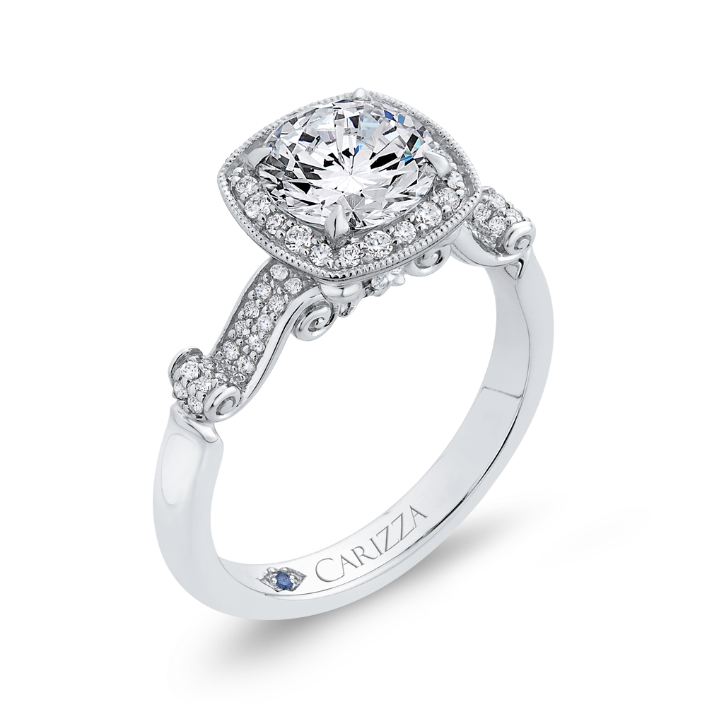 Round Diamond Halo Vintage Engagement Ring in 14K White Gold (Semi-Mount)