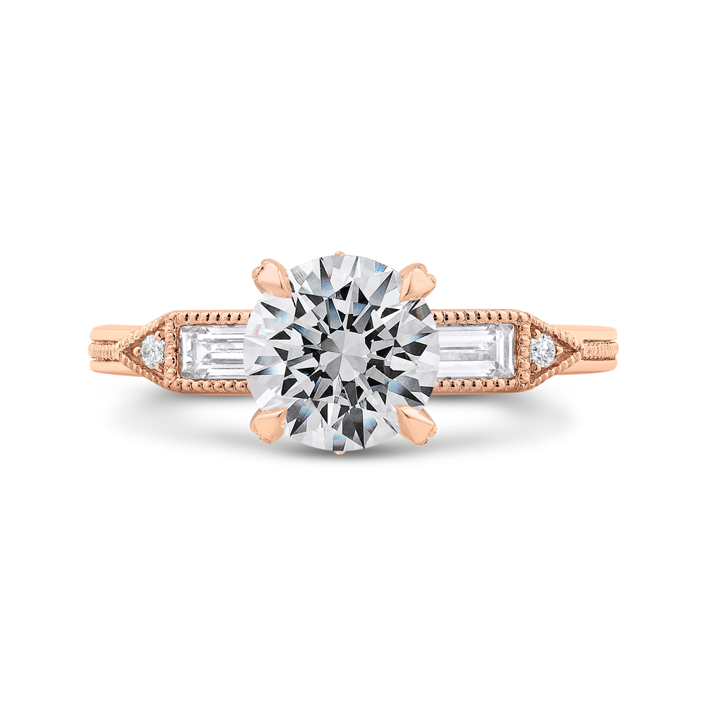 Round and Baguette Cut Diamond Engagement Ring in 14K Rose Gold (Semi-Mount)