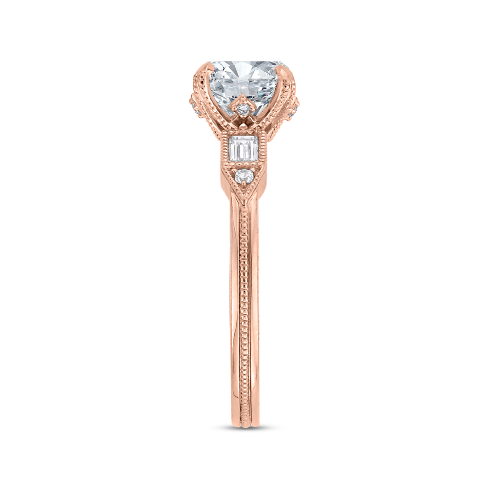 Round and Baguette Cut Diamond Engagement Ring in 14K Rose Gold (Semi-Mount)