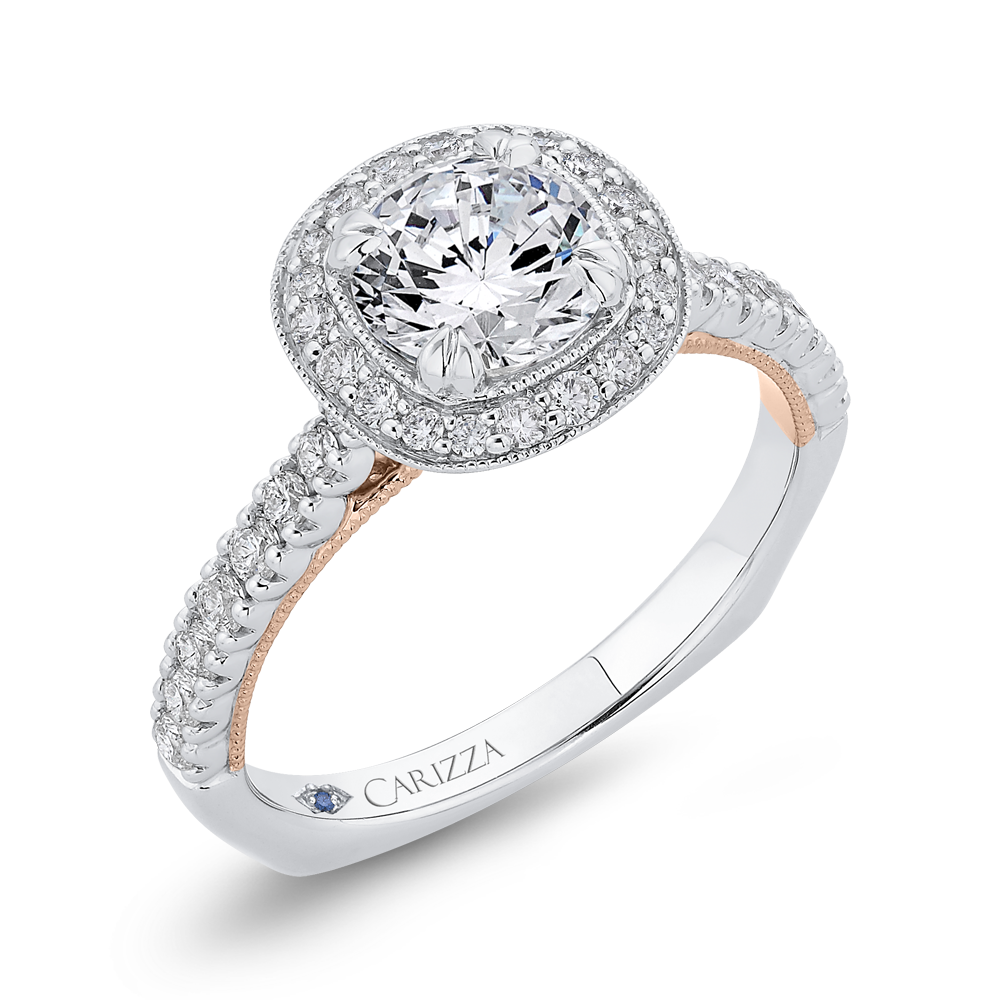 Euro Shank Round Diamond Halo Engagement Ring in 14K Two Tone Gold (Semi-Mount)