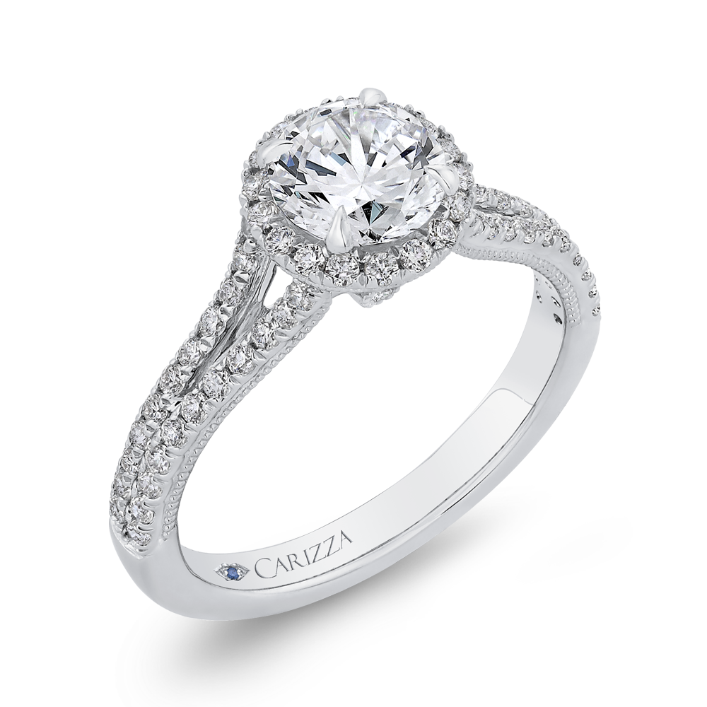 Split Shank Round Diamond Halo Engagement Ring in 14K White Gold (Semi-Mount)