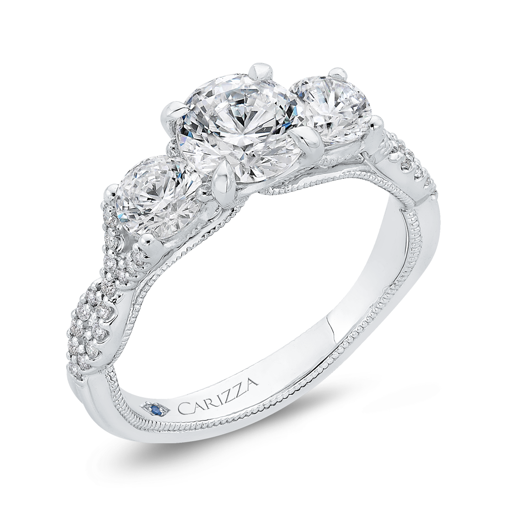 Three-Stone Engagement Ring with Round Diamond in 14K White Gold (Semi-Mount)