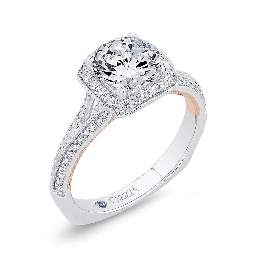 Euro Shank Diamond Halo Engagement Ring in 14K Two Tone Gold (Semi-Mount)