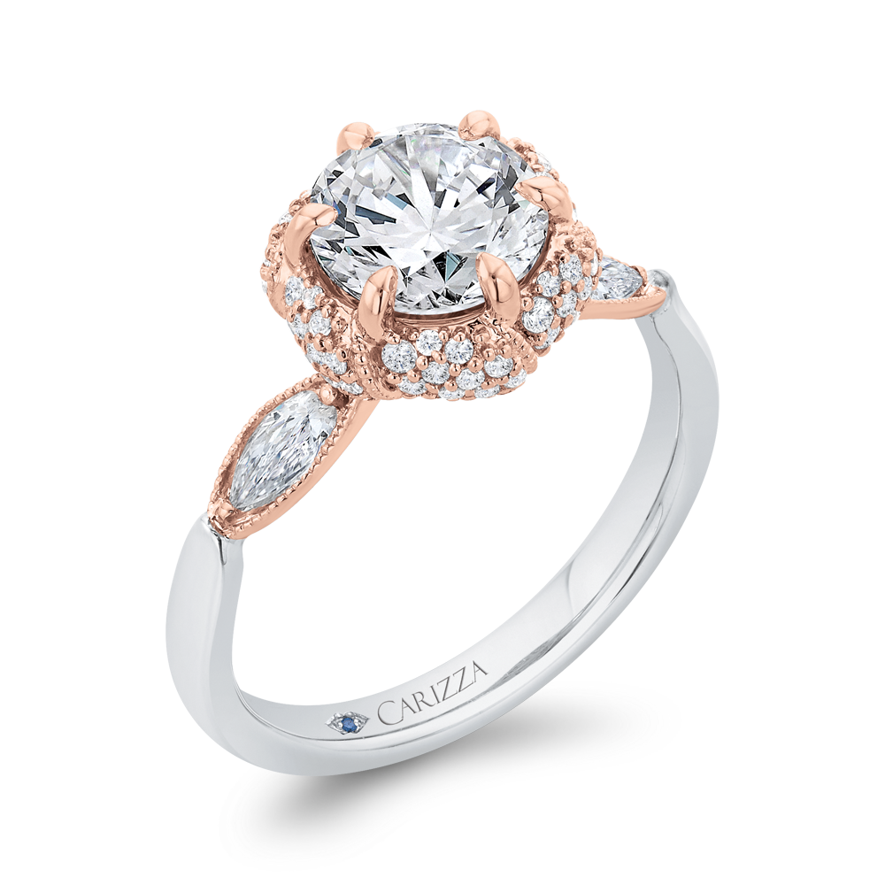 Round Diamond Engagement Ring with Milgrain 14K Two Tone Gold (Semi-Mount)