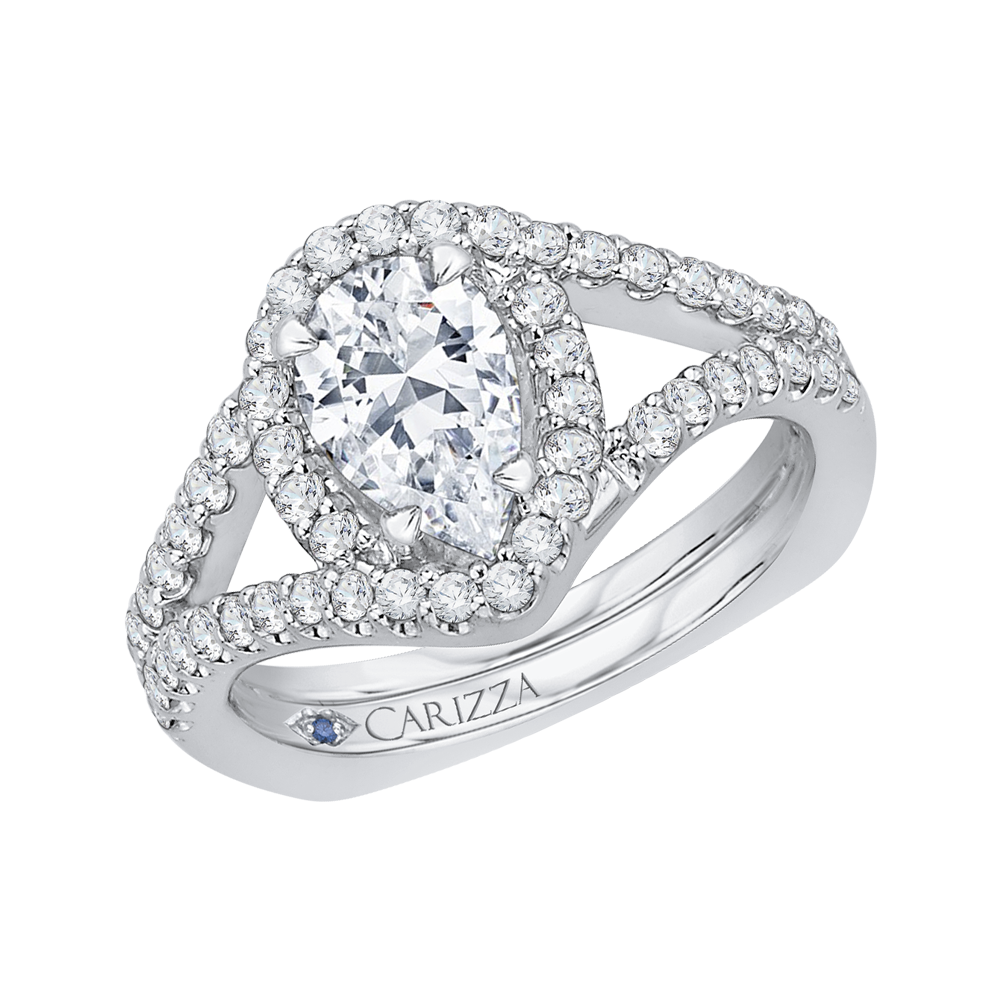 Split Shank Pear Shape Diamond Halo Engagement Ring In 14K White Gold (Semi-Mount)