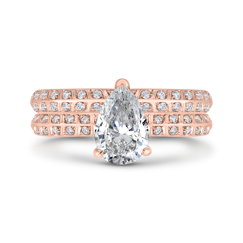 Pear Cut Diamond Double Row Engagement Ring with Round Shank in 14K Rose Gold (Semi-Mount)