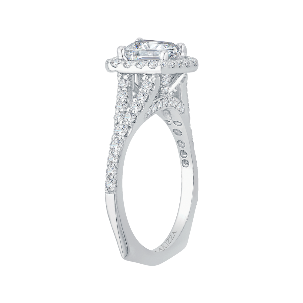 Split Shank Emerald Cut Diamond Halo Engagement Ring in 14K White Gold (Semi-Mount)