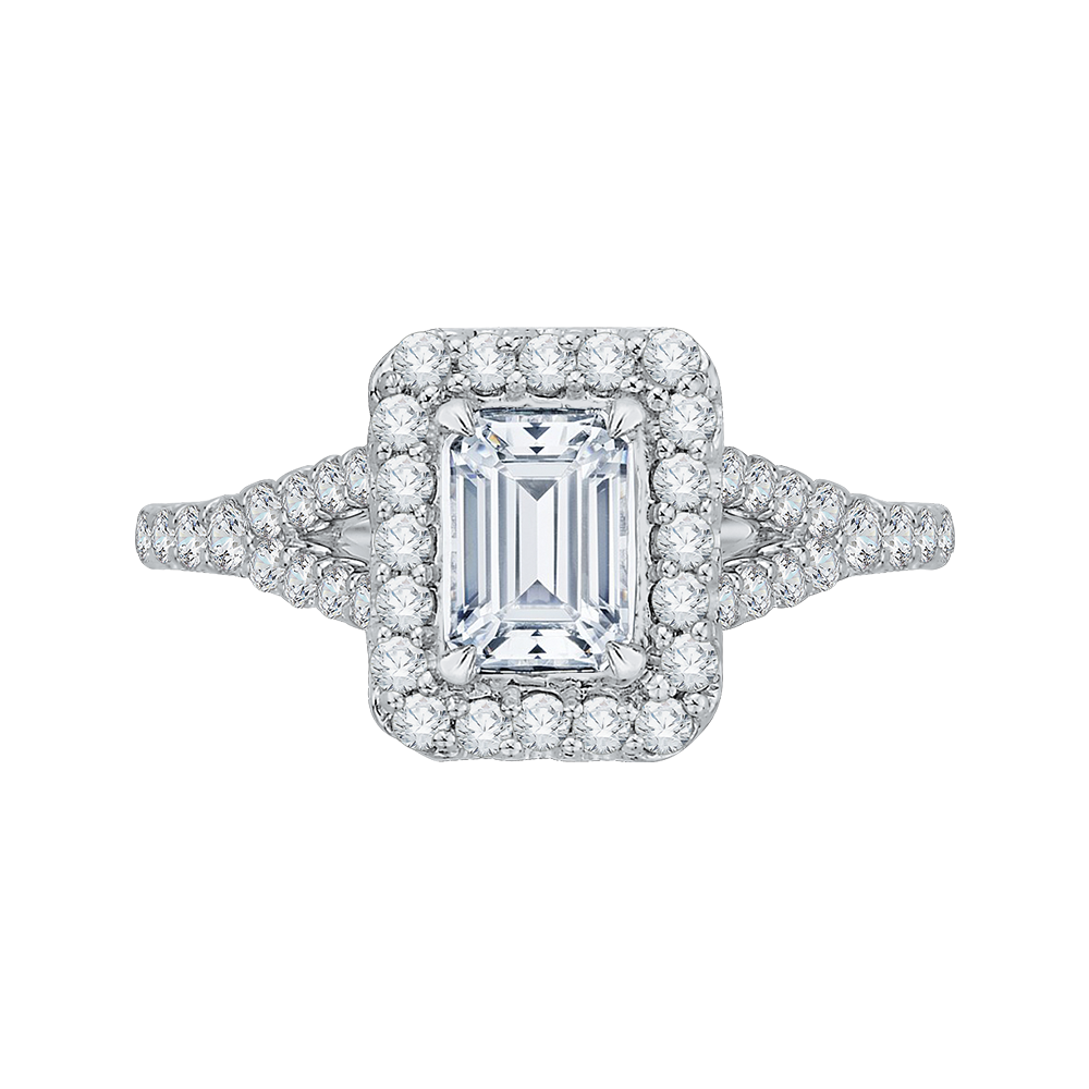 Split Shank Emerald Cut Diamond Halo Engagement Ring in 14K White Gold (Semi-Mount)