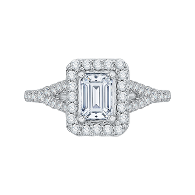 Split Shank Emerald Cut Diamond Halo Engagement Ring in 14K White Gold (Semi-Mount)