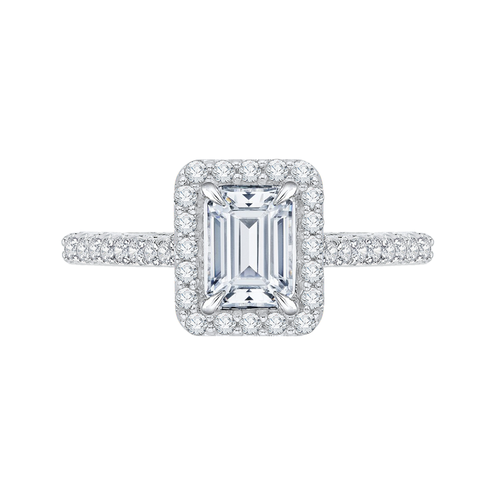 Emerald Cut Diamond Halo Engagement Ring with Band In 14K White Gold (Semi-Mount)