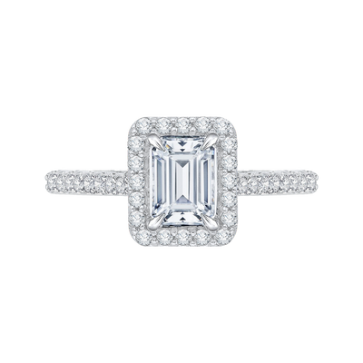 Emerald Cut Diamond Halo Engagement Ring with Band In 14K White Gold (Semi-Mount)