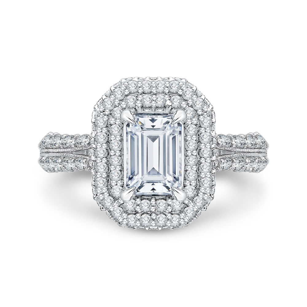 Emerald Cut Split Shank Diamond Double Halo Engagement Ring in 14K White Gold (Semi-Mount)