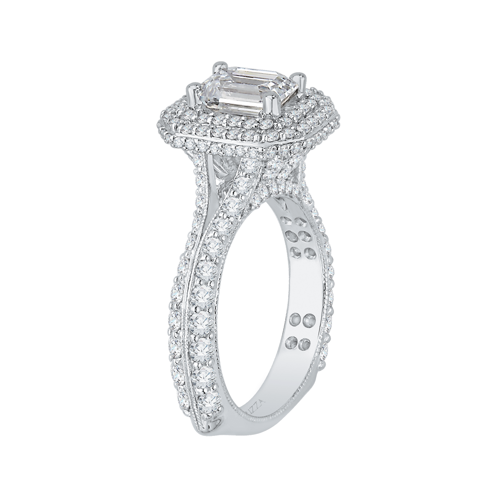 Emerald Cut Split Shank Diamond Double Halo Engagement Ring in 14K White Gold (Semi-Mount)