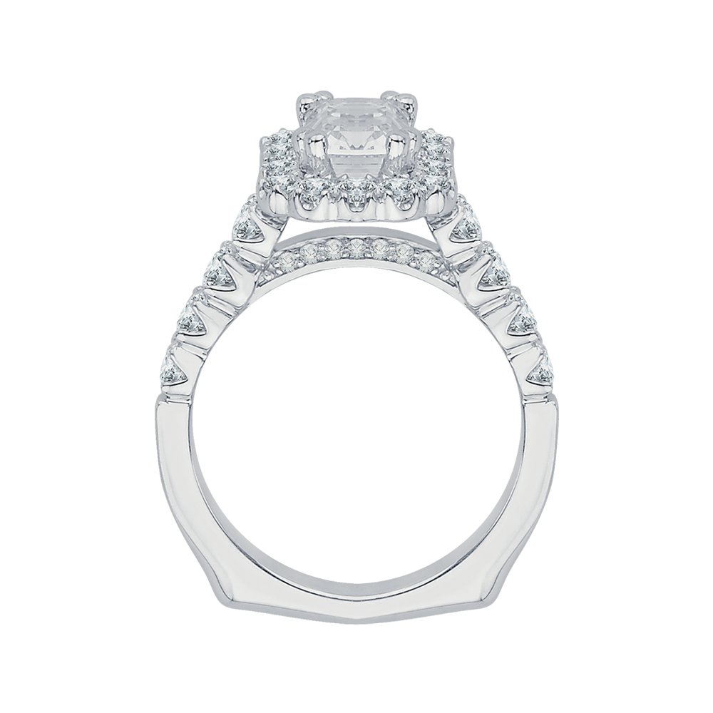 Emerald Cut Diamond Halo Engagement Ring with Band in 14K White Gold (Semi-Mount)