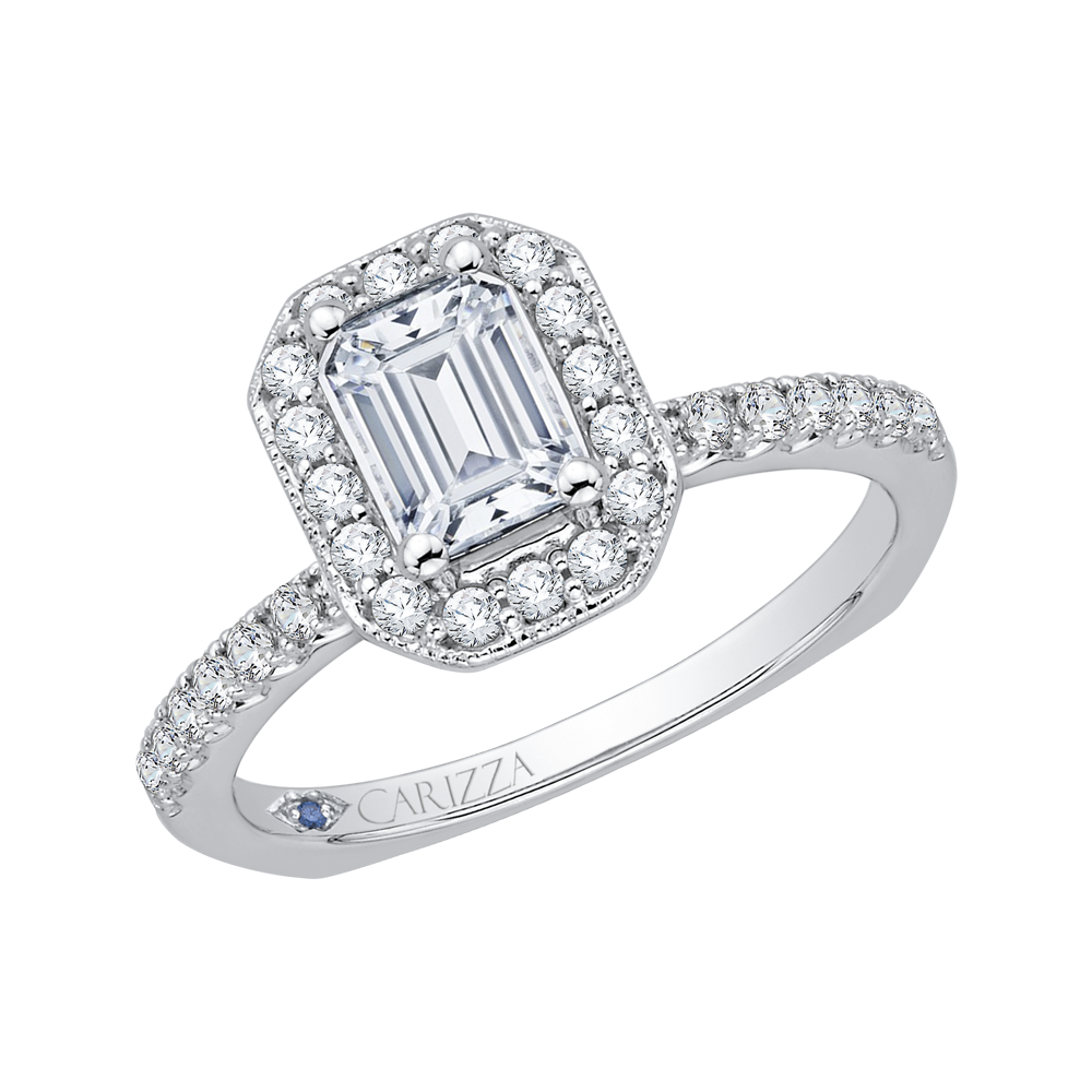 Emerald Cut Diamond Halo Engagement Ring in 14K White Gold (Semi-Mount)