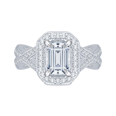 Split Shank Emerald Cut Diamond Halo Engagement Ring in 14K White Gold (Semi-Mount)